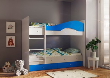 Двухэтажная кровать Мая с 2 ящиками на щитах, корпус Млечный дуб, фасад Синий в Петропавловске-Камчатском