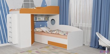 Детская кровать-шкаф Кадет-2 с металлической лестницей, корпус Белое дерево, фасад Оранжевый в Петропавловске-Камчатском