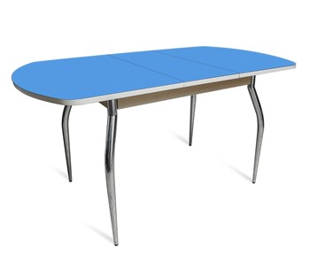 Кухонный стол раздвижной ПГ-07 СТ2, дуб молочный/синие стекло/35 хром гнутые металл в Петропавловске-Камчатском
