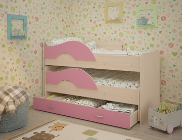 Детская двухэтажная кровать Радуга 1.6 с ящиком, корпус Млечный дуб, фасад Розовый в Петропавловске-Камчатском