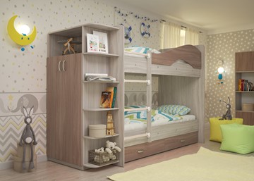 Детская двухъярусная кровать Мая на щитах со шкафом и ящиками, корпус Шимо светлый, фасад Шимо темный в Петропавловске-Камчатском