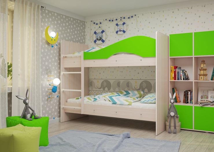Детская 2-этажная кровать Мая на щитах со шкафом и ящиками, корпус Млечный дуб, фасад Салатовый в Петропавловске-Камчатском - изображение 2