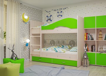 Детская 2-этажная кровать Мая на щитах со шкафом и ящиками, корпус Млечный дуб, фасад Салатовый в Петропавловске-Камчатском - предосмотр 1
