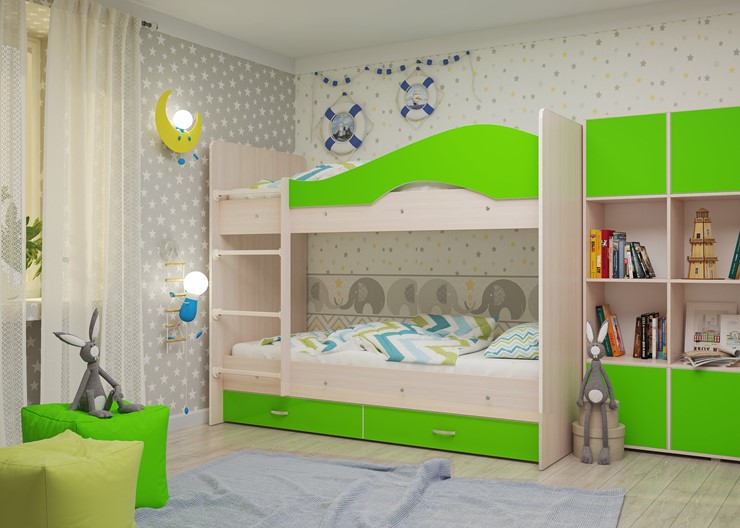 Детская 2-этажная кровать Мая на щитах со шкафом и ящиками, корпус Млечный дуб, фасад Салатовый в Петропавловске-Камчатском - изображение 1