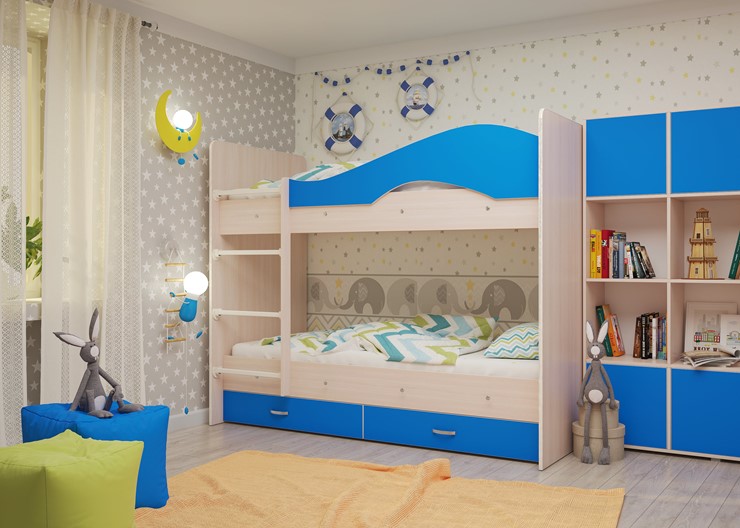 Двухэтажная детская кровать Мая на щитах со шкафом и ящиками, корпус Млечный дуб, фасад Синий в Петропавловске-Камчатском - изображение 2