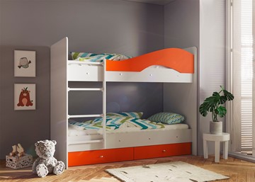 Детская 2-ярусная кровать Мая с 2 ящиками на щитах, корпус Млечный дуб, фасад Оранжевый в Петропавловске-Камчатском - предосмотр
