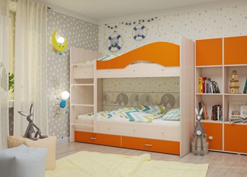 Детская 2-ярусная кровать Мая с 2 ящиками на щитах, корпус Млечный дуб, фасад Оранжевый в Петропавловске-Камчатском - предосмотр 3