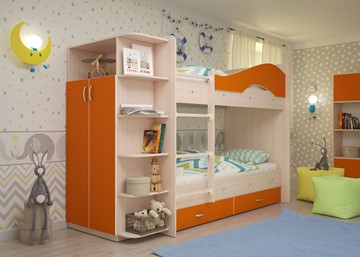 Детская 2-ярусная кровать Мая с 2 ящиками на щитах, корпус Млечный дуб, фасад Оранжевый в Петропавловске-Камчатском - предосмотр 1