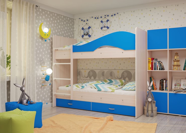 Двухэтажная кровать Мая с 2 ящиками на щитах, корпус Млечный дуб, фасад Синий в Петропавловске-Камчатском - изображение 3