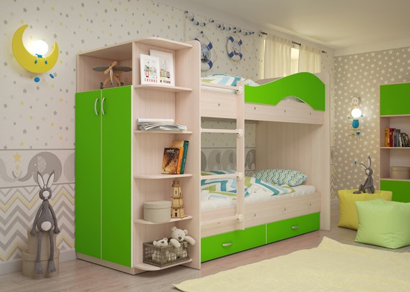 Детская 2-этажная кровать Мая на щитах со шкафом и ящиками, корпус Млечный дуб, фасад Салатовый в Петропавловске-Камчатском - изображение