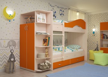 Детская двухэтажная кровать Мая на щитах со шкафом и ящиками, корпус Млечный дуб, фасад Оранжевый в Петропавловске-Камчатском - предосмотр