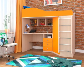 Кровать-чердак детская Кадет-1 с металлической лестницей, корпус Дуб, фасад Оранжевый в Петропавловске-Камчатском