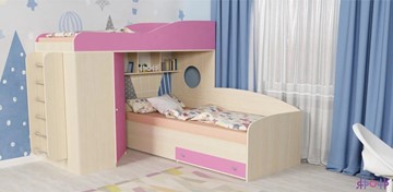 Детская кровать-шкаф Кадет-2 с металлической лестницей, корпус Дуб, фасад Розовый в Петропавловске-Камчатском