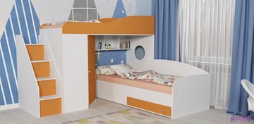 Детская кровать-шкаф Кадет-2 с универсальной лестницей, корпус Белое дерево, фасад Оранжевый в Петропавловске-Камчатском