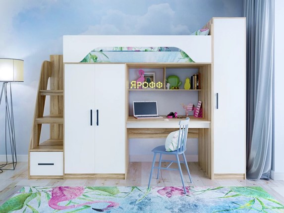 Кровать-чердак в детскую с шкафом Тея, каркас Ясень, фасад Белый в Петропавловске-Камчатском - изображение