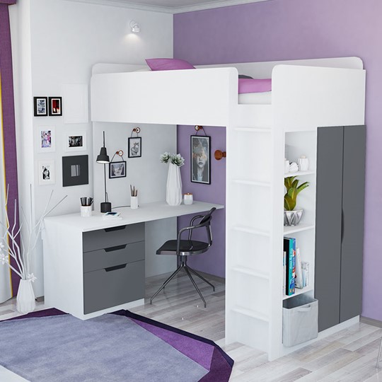 Кровать-чердак с письменным столом и шкафом POLINI Kids Simple Белый / Серый в Петропавловске-Камчатском - изображение 3