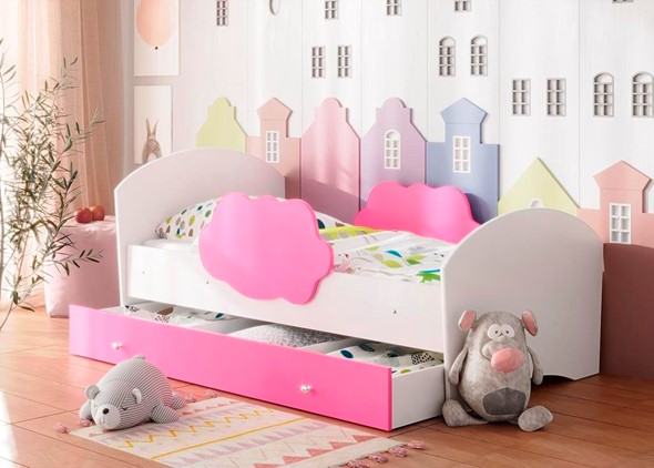 Детская кровать с бортиками Тучка с ящиком, корпус Белый, фасад Розовый в Петропавловске-Камчатском - изображение