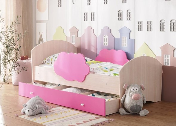 Детская кровать с бортиками Тучка с ящиком, корпус Дуб млечный, фасад Розовый в Петропавловске-Камчатском - изображение