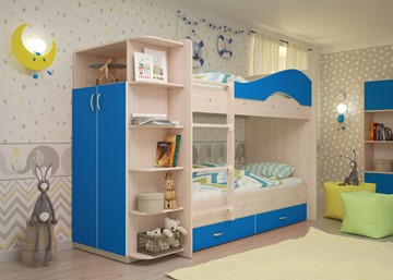Двухэтажная детская кровать Мая на щитах со шкафом и ящиками, корпус Млечный дуб, фасад Синий в Петропавловске-Камчатском - предосмотр