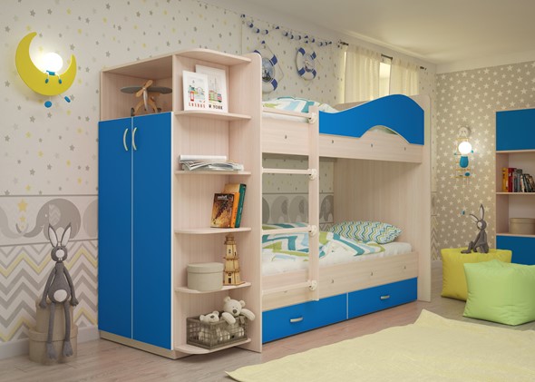 Двухэтажная детская кровать Мая на щитах со шкафом и ящиками, корпус Млечный дуб, фасад Синий в Петропавловске-Камчатском - изображение