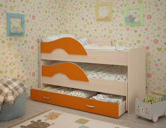 Детская 2-х ярусная кровать Радуга 1.6 с ящиком, корпус Млечный дуб, фасад Оранжевый в Петропавловске-Камчатском - изображение