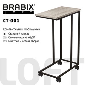 Стол журнальный BRABIX "LOFT CT-001", 450х250х680 мм, на колёсах, металлический каркас, цвет дуб антик, 641860 в Петропавловске-Камчатском