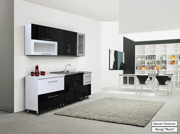 Модульный кухонный гарнитур Мыло 224 2000х718, цвет Черный/Белый металлик в Петропавловске-Камчатском - изображение