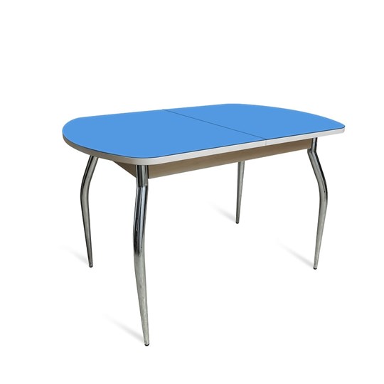 Кухонный стол раскладной ПГ-01 СТ2, дуб молочный/синие стекло/35 хром гнутые металл в Петропавловске-Камчатском - изображение 1